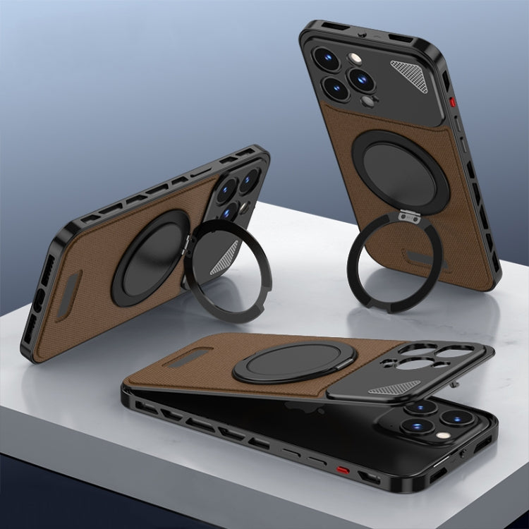 For iPhone 14 Pro Max Metal Snap Buckle 360 Degree Rotating MagSafe Magnetic Holder Phone Case(Dark Brown Black) - iPhone 14 Pro Max Cases by buy2fix | Online Shopping UK | buy2fix