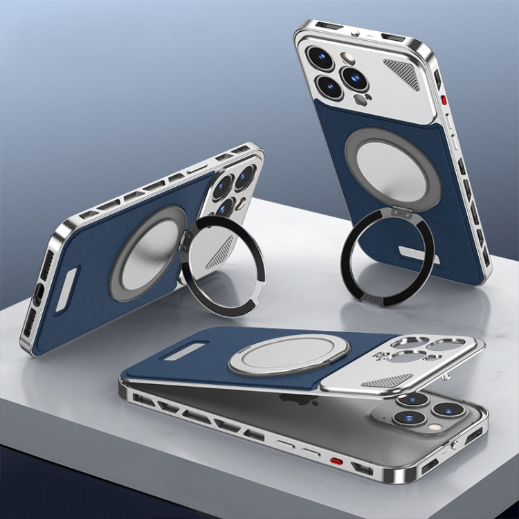 For iPhone 12 Pro Max Metal Snap Buckle 360 Degree Rotating MagSafe Magnetic Holder Phone Case(Dark Blue Silver) - iPhone 12 Pro Max Cases by buy2fix | Online Shopping UK | buy2fix