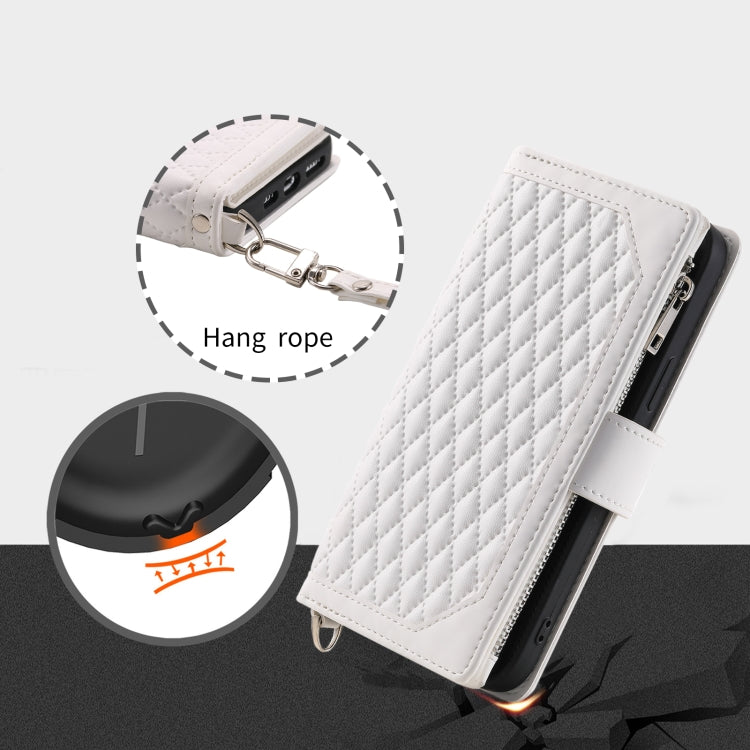 For Google Pixel 9 / 9 Pro Grid Texture Zipper Leather Phone Case with Lanyard(White) - Google Cases by buy2fix | Online Shopping UK | buy2fix