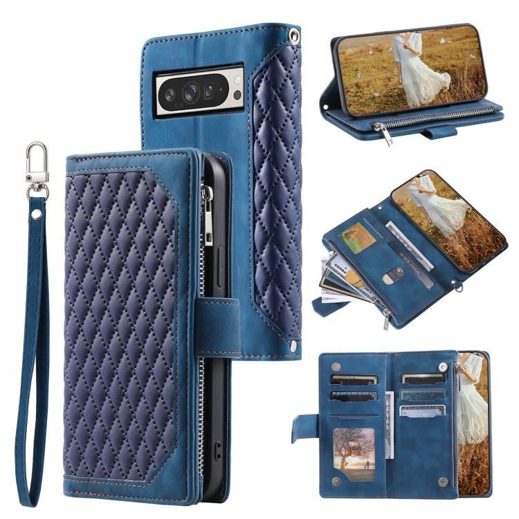 For Google Pixel 10 Pro XL Grid Texture Zipper Leather Phone Case with Lanyard(Blue) - Google Cases by buy2fix | Online Shopping UK | buy2fix