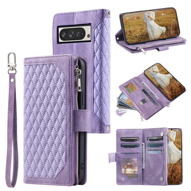 For Google Pixel 10 Pro XL Grid Texture Zipper Leather Phone Case with Lanyard(Purple) - Google Cases by buy2fix | Online Shopping UK | buy2fix