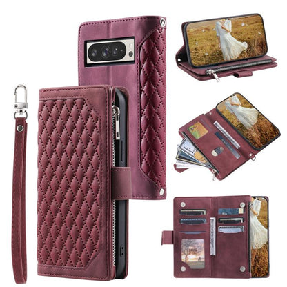 For Google Pixel 10 Pro XL Grid Texture Zipper Leather Phone Case with Lanyard(Wine Red) - Google Cases by buy2fix | Online Shopping UK | buy2fix