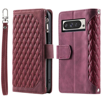 For Google Pixel 10 Pro XL Grid Texture Zipper Leather Phone Case with Lanyard(Wine Red) - Google Cases by buy2fix | Online Shopping UK | buy2fix