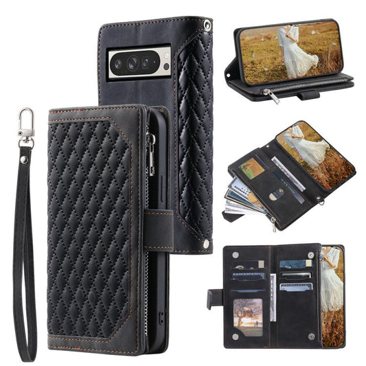 For Google Pixel 10 Pro XL Grid Texture Zipper Leather Phone Case with Lanyard(Black) - Google Cases by buy2fix | Online Shopping UK | buy2fix