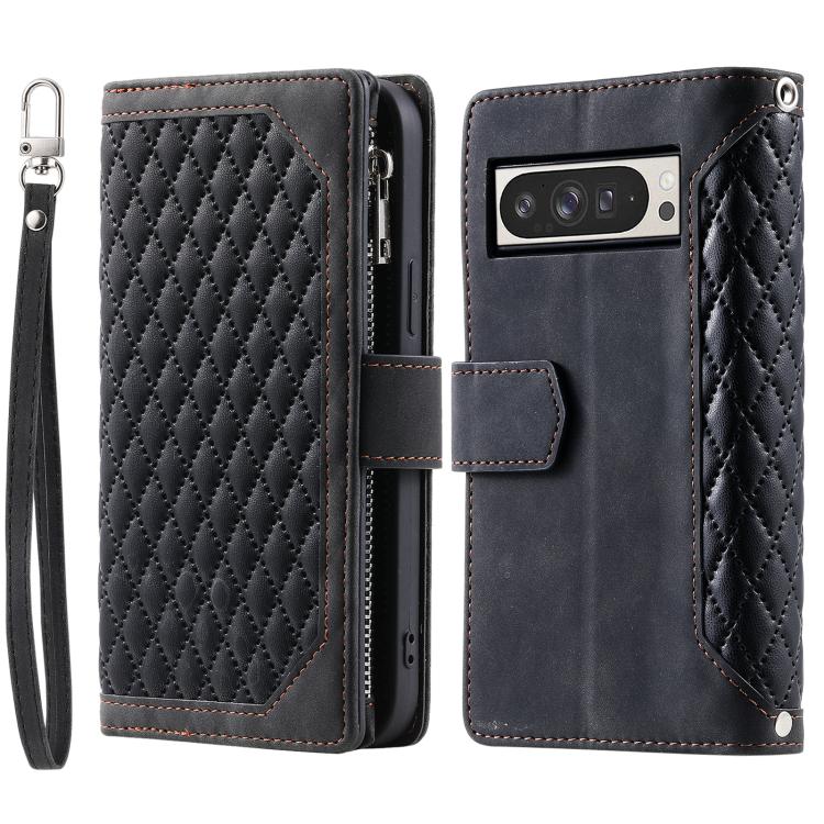For Google Pixel 10 Pro XL Grid Texture Zipper Leather Phone Case with Lanyard(Black) - Google Cases by buy2fix | Online Shopping UK | buy2fix
