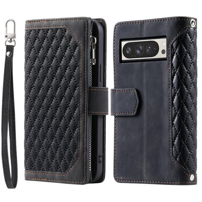 For Google Pixel 10 Pro XL Grid Texture Zipper Leather Phone Case with Lanyard(Black) - Google Cases by buy2fix | Online Shopping UK | buy2fix