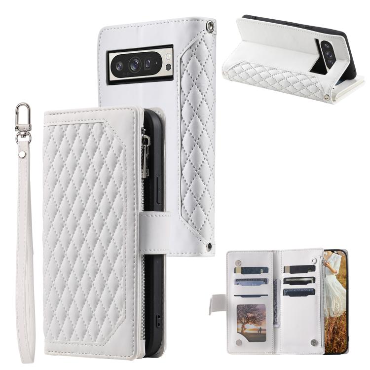 For Google Pixel 10 Pro XL Grid Texture Zipper Leather Phone Case with Lanyard(White) - Google Cases by buy2fix | Online Shopping UK | buy2fix