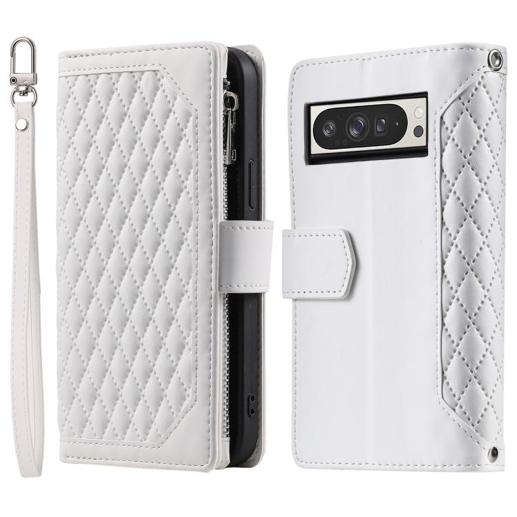For Google Pixel 10 Pro XL Grid Texture Zipper Leather Phone Case with Lanyard(White) - Google Cases by buy2fix | Online Shopping UK | buy2fix