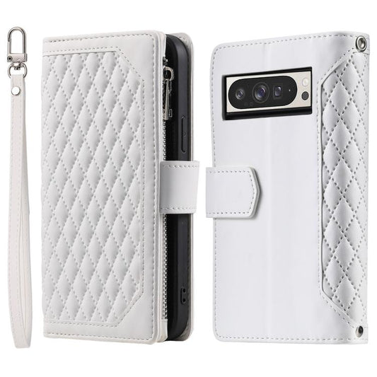 For Google Pixel 10 Pro XL Grid Texture Zipper Leather Phone Case with Lanyard(White) - Google Cases by buy2fix | Online Shopping UK | buy2fix