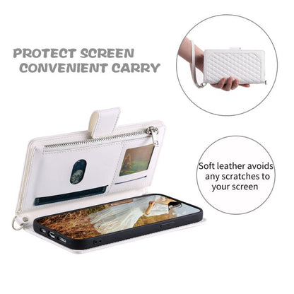 For Google Pixel 10 Pro XL Grid Texture Zipper Leather Phone Case with Lanyard(White) - Google Cases by buy2fix | Online Shopping UK | buy2fix