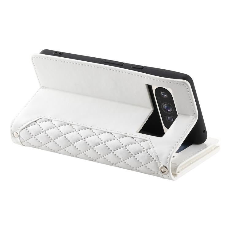 For Google Pixel 10 Pro XL Grid Texture Zipper Leather Phone Case with Lanyard(White) - Google Cases by buy2fix | Online Shopping UK | buy2fix