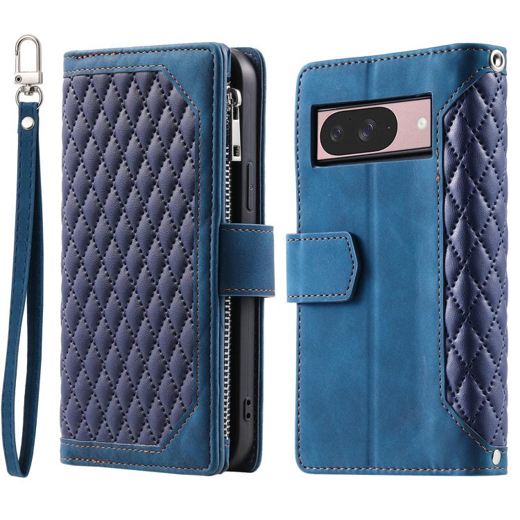 For Google Pixel 10 / 10 Pro Grid Texture Zipper Leather Phone Case with Lanyard(Blue) - Google Cases by buy2fix | Online Shopping UK | buy2fix