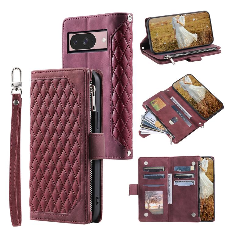 For Google Pixel 10 / 10 Pro Grid Texture Zipper Leather Phone Case with Lanyard(Wine Red) - Google Cases by buy2fix | Online Shopping UK | buy2fix