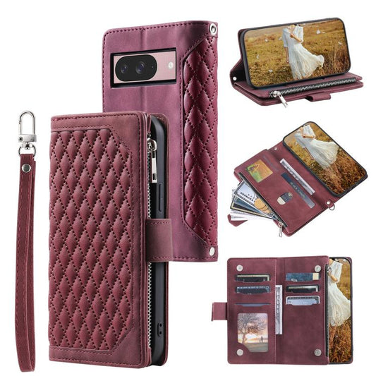 For Google Pixel 10 / 10 Pro Grid Texture Zipper Leather Phone Case with Lanyard(Wine Red) - Google Cases by buy2fix | Online Shopping UK | buy2fix