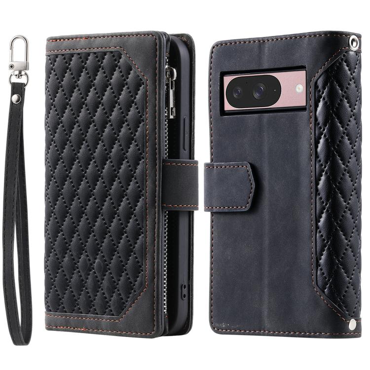 For Google Pixel 10 / 10 Pro Grid Texture Zipper Leather Phone Case with Lanyard(Black) - Google Cases by buy2fix | Online Shopping UK | buy2fix