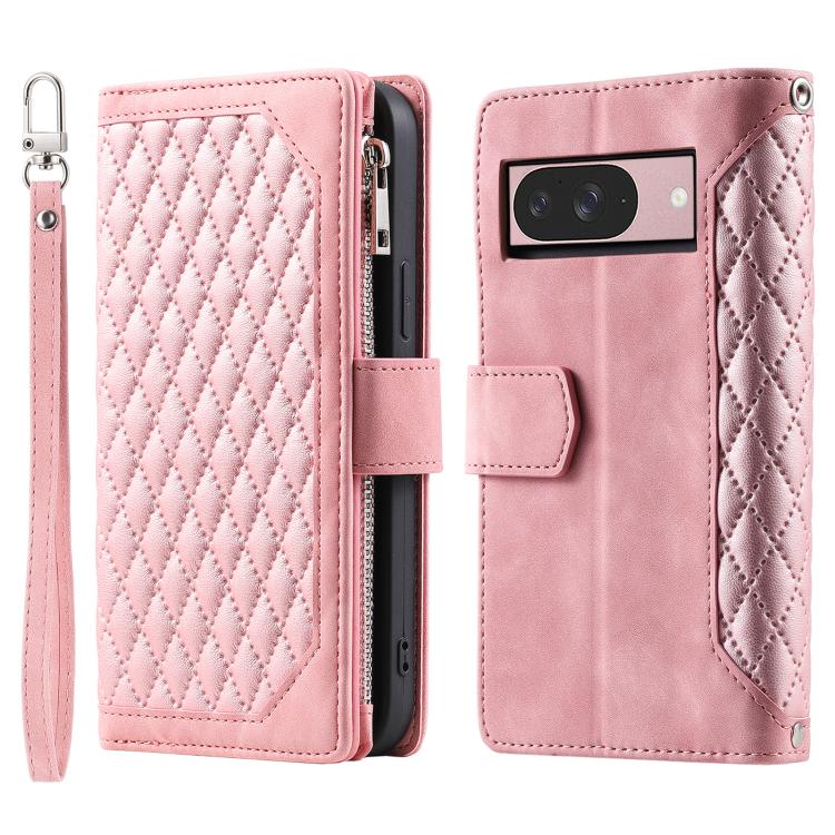 For Google Pixel 10 / 10 Pro Grid Texture Zipper Leather Phone Case with Lanyard(Rose Gold) - Google Cases by buy2fix | Online Shopping UK | buy2fix