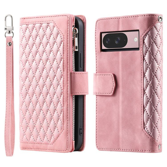 For Google Pixel 10 / 10 Pro Grid Texture Zipper Leather Phone Case with Lanyard(Rose Gold) - Google Cases by buy2fix | Online Shopping UK | buy2fix