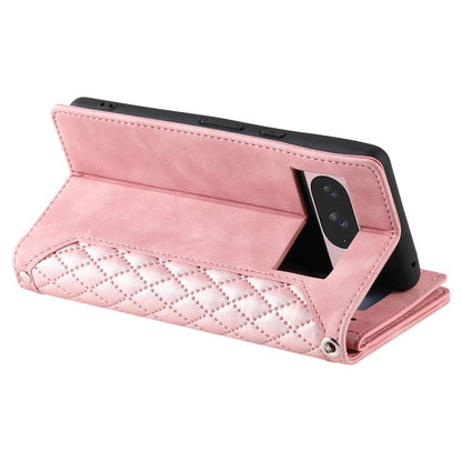For Google Pixel 10 / 10 Pro Grid Texture Zipper Leather Phone Case with Lanyard(Rose Gold) - Google Cases by buy2fix | Online Shopping UK | buy2fix