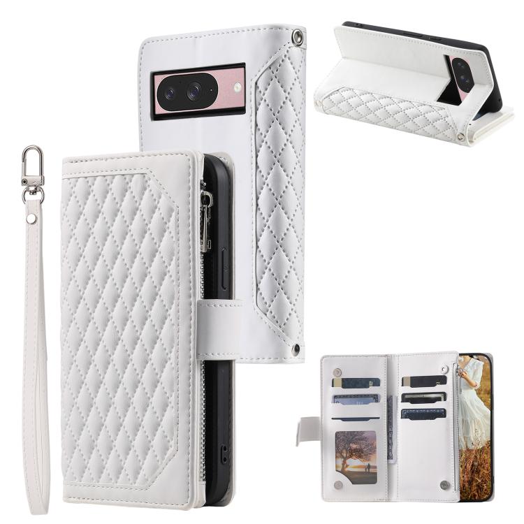 For Google Pixel 10 / 10 Pro Grid Texture Zipper Leather Phone Case with Lanyard(White) - Google Cases by buy2fix | Online Shopping UK | buy2fix
