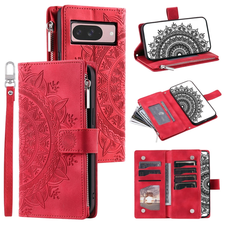 For Google Pixel 9 / 9 Pro Multi-Card Totem Zipper Leather Phone Case(Red) - Google Cases by buy2fix | Online Shopping UK | buy2fix