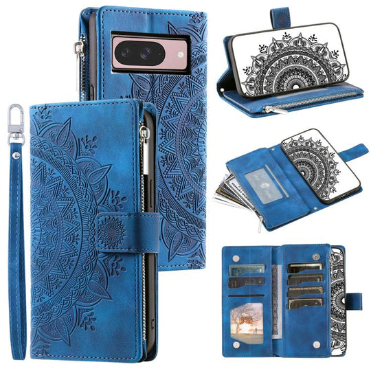 For Google Pixel 10 Multi-Card Totem Zipper Leather Phone Case(Blue)
