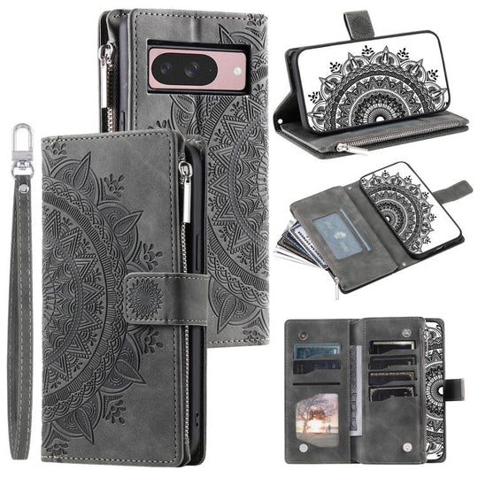 For Google Pixel 10 Multi-Card Totem Zipper Leather Phone Case(Grey)