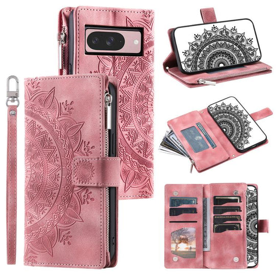 For Google Pixel 10 Multi-Card Totem Zipper Leather Phone Case(Pink)