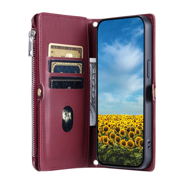 For Google Pixel 9 / 9 Pro Leather Stitching Multi-card Slot Zipper Phone Case(Wine Red) - Google Cases by buy2fix | Online Shopping UK | buy2fix