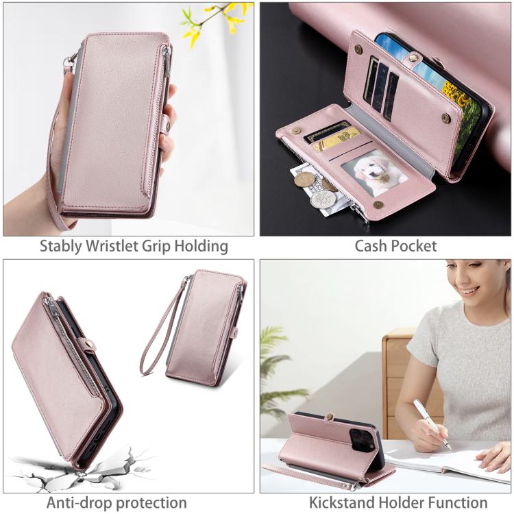 For Google Pixel 10 Pro XL Leather Stitching Multi-card Slot Zipper Phone Case(Rose Gold) - Google Cases by buy2fix | Online Shopping UK | buy2fix