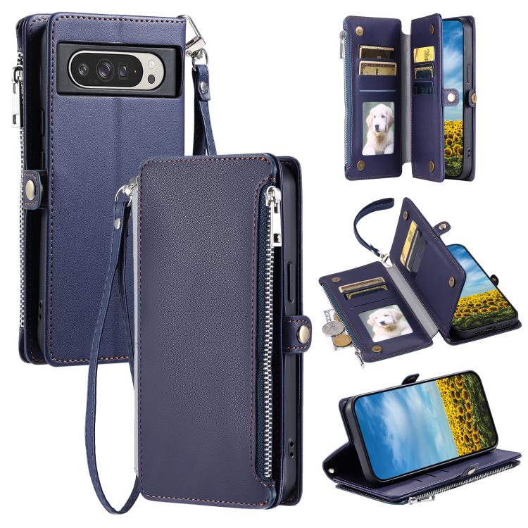 For Google Pixel 10 Pro XL Leather Stitching Multi-card Slot Zipper Phone Case(Blue) - Google Cases by buy2fix | Online Shopping UK | buy2fix