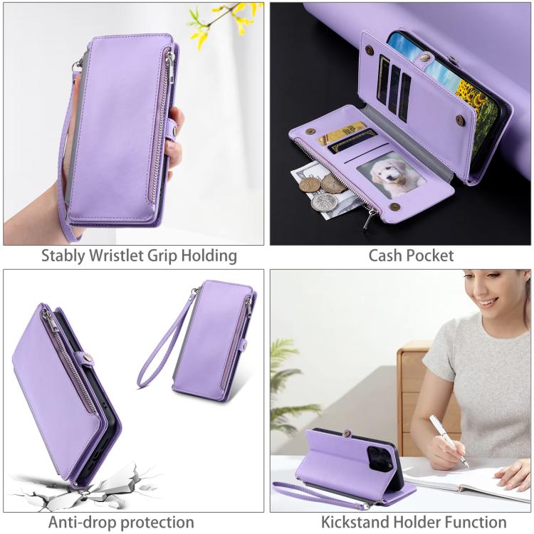 For Google Pixel 10 / 10 Pro Leather Stitching Multi-card Slot Zipper Phone Case(Purple) - Google Cases by buy2fix | Online Shopping UK | buy2fix