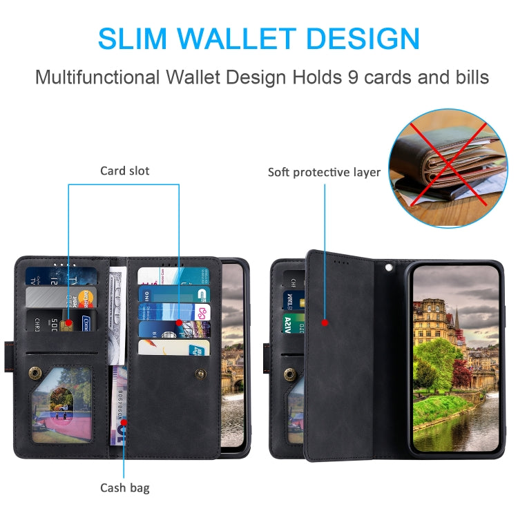 For Google Pixel 9 Pro XL Zipper Wallet Bag Horizontal Flip PU Phone Case with 9 Card Slots(Black) - Google Cases by buy2fix | Online Shopping UK | buy2fix