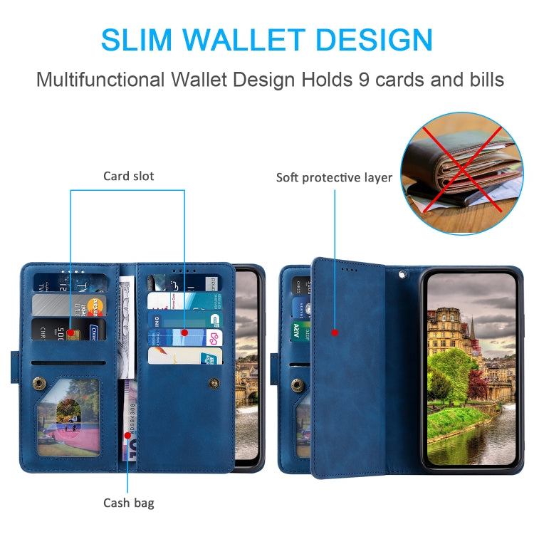 For Google Pixel 9 Pro XL Zipper Wallet Bag Horizontal Flip PU Phone Case with 9 Card Slots(Blue) - Google Cases by buy2fix | Online Shopping UK | buy2fix