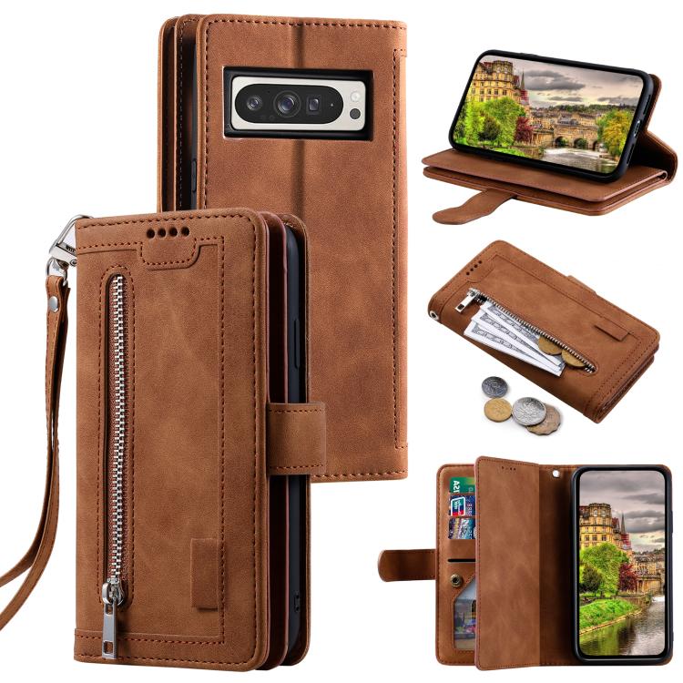For Google Pixel 10 Pro XL Nine Card Zipper Bag Leather Phone Case with Lanyard(Brown) - Google Cases by buy2fix | Online Shopping UK | buy2fix