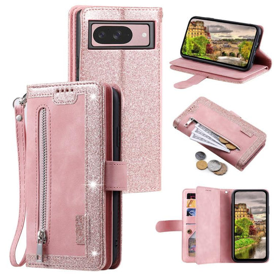 For Google Pixel 10 / 10 Pro Nine Card Zipper Bag Leather Phone Case with Lanyard(Rose Gold)