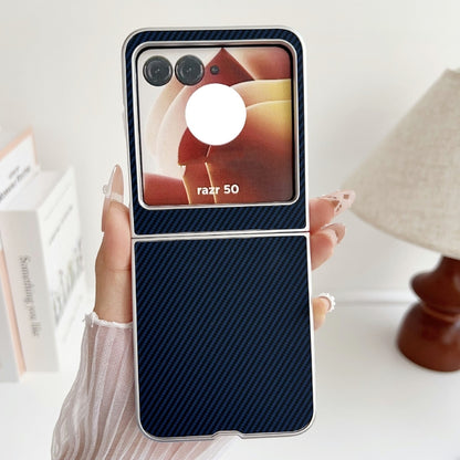 For Motorola Razr 50 Carbon Fiber Leather Grain Kevlar Folding Phone Case(Dark Blue) by buy2fix