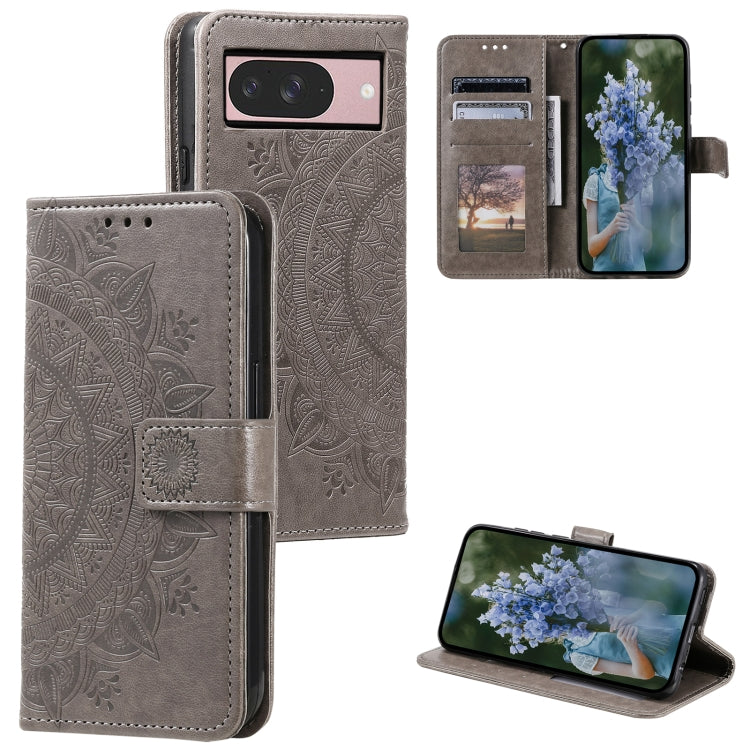 For Google Pixel 9 / 9 Pro Totem Flower Embossed Leather Phone Case with Lanyard(Grey) - Google Cases by buy2fix | Online Shopping UK | buy2fix