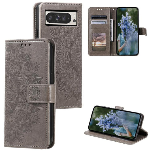 For Google Pixel 10 Pro XL Totem Flower Embossed Leather Phone Case with Lanyard(Grey) - Google Cases by buy2fix | Online Shopping UK | buy2fix