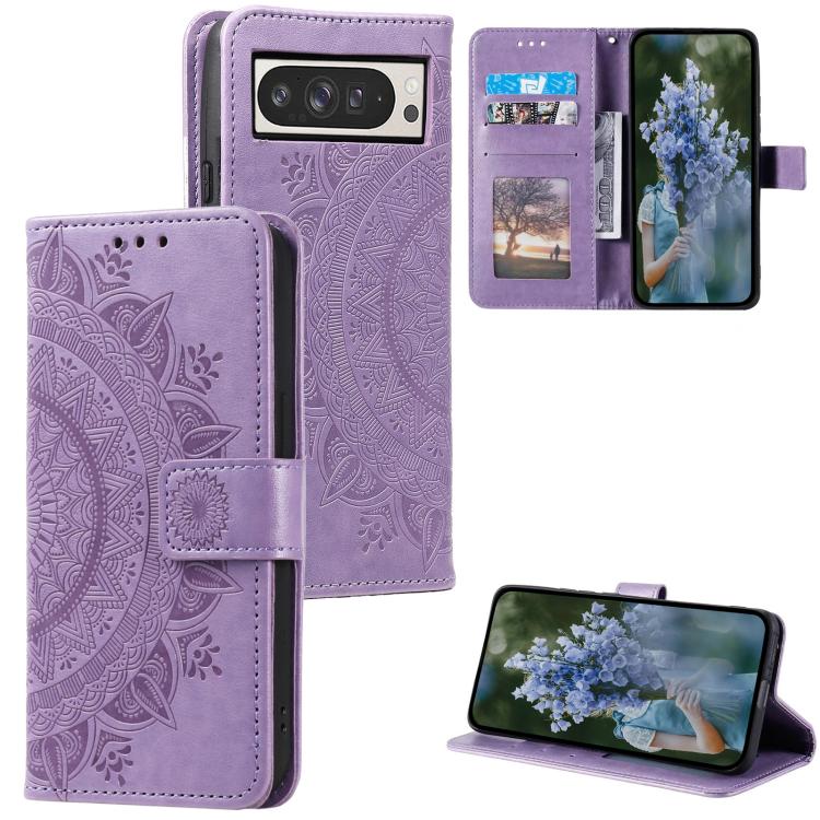For Google Pixel 10 Pro XL Totem Flower Embossed Leather Phone Case with Lanyard(Purple) - Google Cases by buy2fix | Online Shopping UK | buy2fix