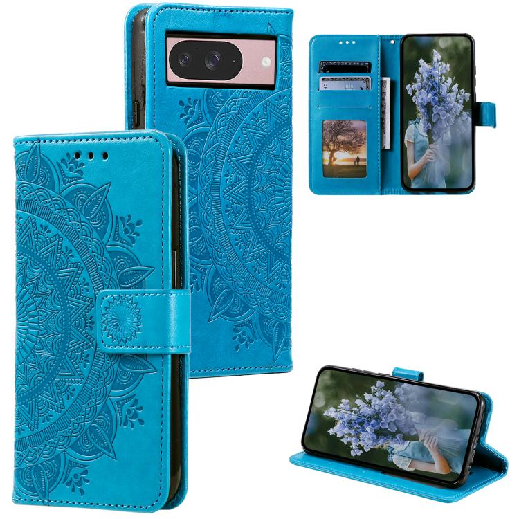 For Google Pixel 10 / 10 Pro Totem Flower Embossed Leather Phone Case with Lanyard(Blue) - Google Cases by buy2fix | Online Shopping UK | buy2fix