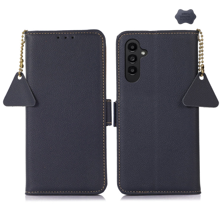 For Samsung Galaxy M35 Side-Magnetic TJ Genuine Leather RFID Phone Case(Blue) - Galaxy Phone Cases by buy2fix | Online Shopping UK | buy2fix
