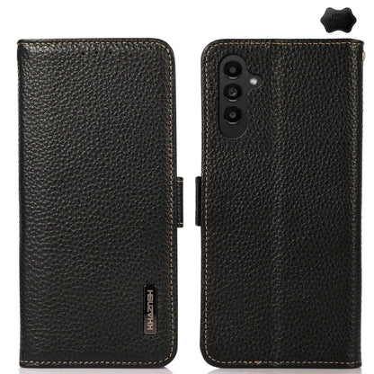 For Samsung Galaxy A16 5G KHAZNEH Side-Magnetic Litchi Genuine Leather RFID Phone Case(Black) - Galaxy Phone Cases by buy2fix | Online Shopping UK | buy2fix