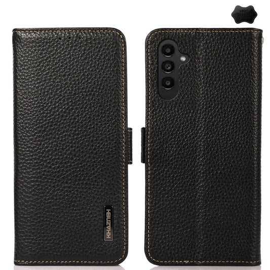 For Samsung Galaxy A16 5G KHAZNEH Side-Magnetic Litchi Genuine Leather RFID Phone Case(Black) - Galaxy Phone Cases by buy2fix | Online Shopping UK | buy2fix