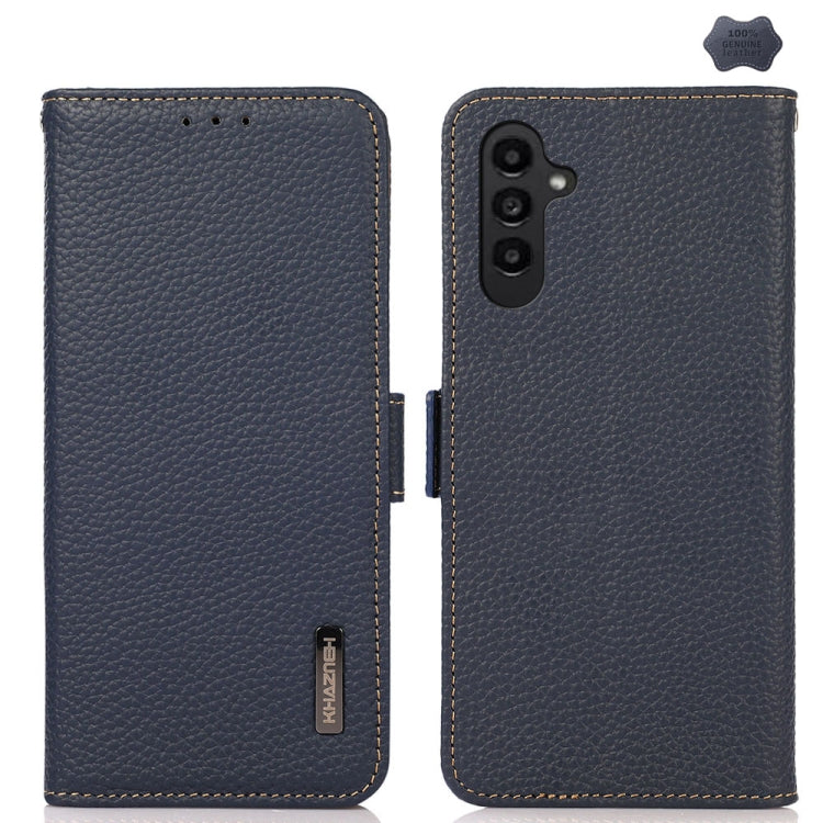 For Samsung Galaxy A16 5G KHAZNEH Side-Magnetic Litchi Genuine Leather RFID Phone Case(Blue) - Galaxy Phone Cases by buy2fix | Online Shopping UK | buy2fix