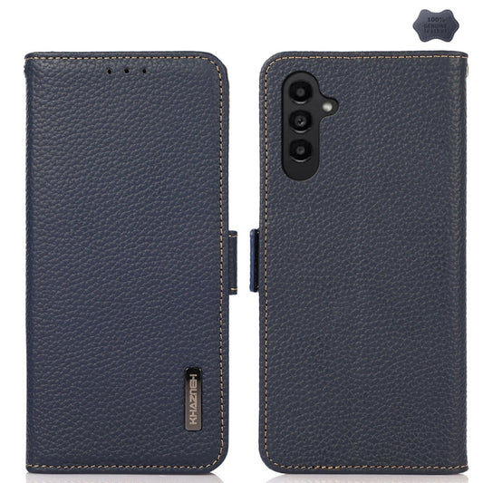 For Samsung Galaxy A16 5G KHAZNEH Side-Magnetic Litchi Genuine Leather RFID Phone Case(Blue) - Galaxy Phone Cases by buy2fix | Online Shopping UK | buy2fix