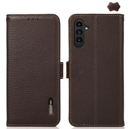 For Samsung Galaxy A16 5G KHAZNEH Side-Magnetic Litchi Genuine Leather RFID Phone Case(Brown) - Galaxy Phone Cases by buy2fix | Online Shopping UK | buy2fix
