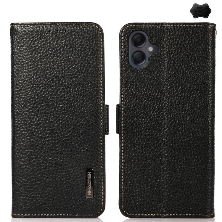 For Samsung Galaxy A06 4G KHAZNEH Side-Magnetic Litchi Genuine Leather RFID Phone Case(Black) - Galaxy Phone Cases by buy2fix | Online Shopping UK | buy2fix