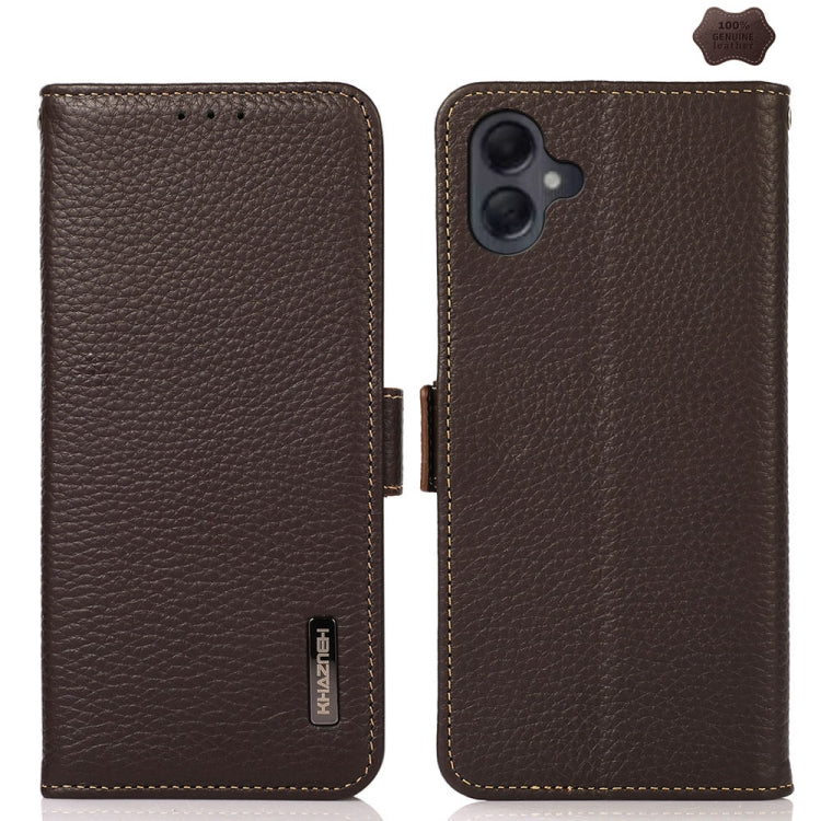 For Samsung Galaxy A06 4G KHAZNEH Side-Magnetic Litchi Genuine Leather RFID Phone Case(Brown) - Galaxy Phone Cases by buy2fix | Online Shopping UK | buy2fix