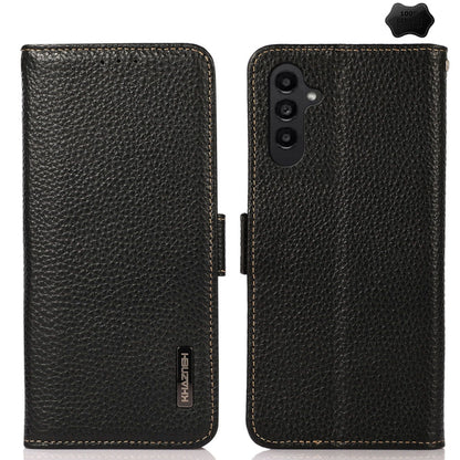 For Samsung Galaxy A36 KHAZNEH Side-Magnetic Litchi Genuine Leather RFID Phone Case(Black) - Galaxy Phone Cases by buy2fix | Online Shopping UK | buy2fix