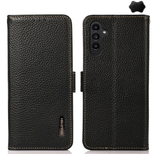 For Samsung Galaxy A36 KHAZNEH Side-Magnetic Litchi Genuine Leather RFID Phone Case(Black) - Galaxy Phone Cases by buy2fix | Online Shopping UK | buy2fix